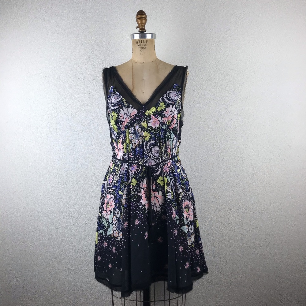 Intimately Free People l S Black Sheer Illusion V-neck Floral Slip Tunic Dress